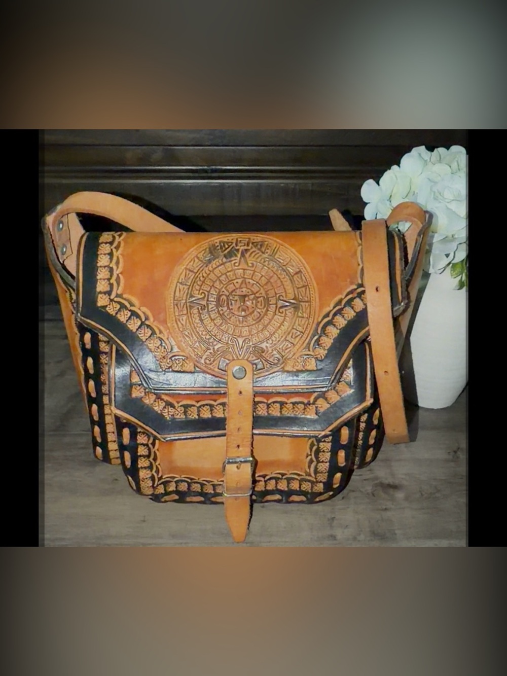 Vintage Hand-Tooled Artisan Leather Bag in Tan and Black with Aztec Calendar